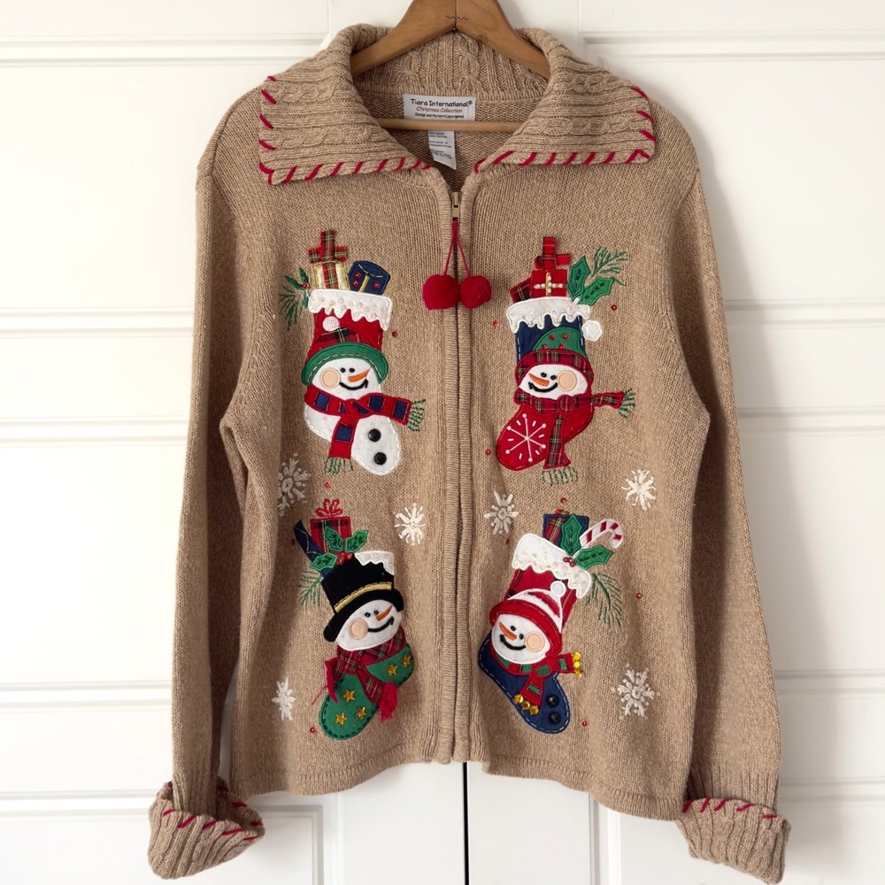 Vintage 90s Christmas Cardigan Sweater XL Tan Red Snowmen Beads Holiday Festive